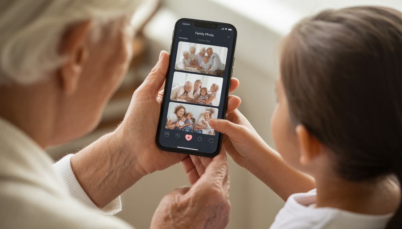Illustration : smartphone affichant des photos de famille